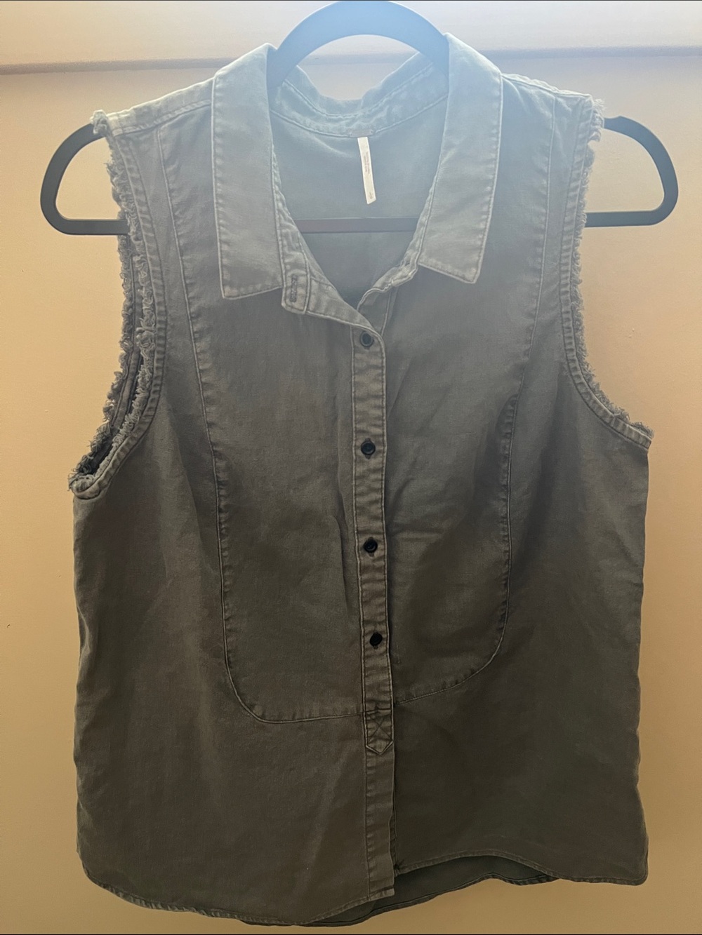 Free People Washed Olive Green Sleeveless Button-Down Shirt